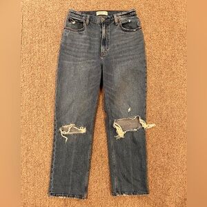 Abercrombie ankle straight ultra high rise curve love knee rip blue jeans